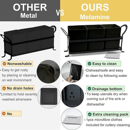 ECOIOU Cutlery Holder with Drain Holes, Dishwasher Safe Silverware Caddy for Party, Kitchen Counter, 3pcs Bins Set Countertop Utensil Holder for Spoons, Forks and Knives, Black