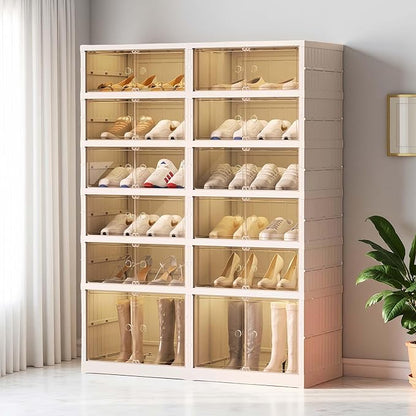 6 Tier 24 Pairs Large Shoe Rack Organizer with Doors, Foldable Collapsible Plastic Shelf, Stackable Storage Cabinet for Closet, Entryway, Hallway, Living Room - Easy Assembly