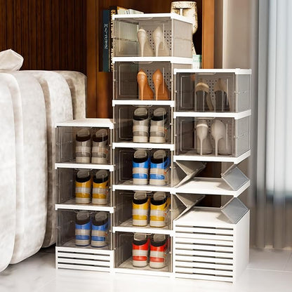 YIIHAA 6 Tier Shoe Rack Shoe Storage Box Size up to 14, No Assembly Stackable with Clear Door, Free Standing Shoe Shelf Cabinet with Lid, Plastic Shoe Rack (Transparent)
