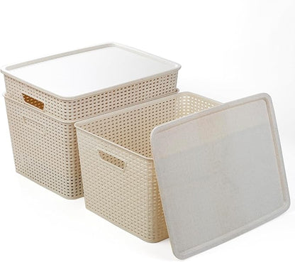 BINO | Plastic Storage Baskets with Lids, 33 Liter - 3 Pack, Natural | THE WOVEN COLLECTION | Storage Basket for Shelves | Woven Storage Baskets for Organizing Bins | Pantry Shelf Organizer Bin