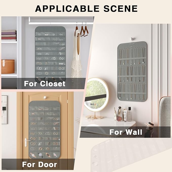 2-Pack Hanging Jewelry Organizer Storage, 40 Pockets 36 Hooks Necklace Earring Necklace Bracelet Ring Organizer, Double - Sided Design, Grey
