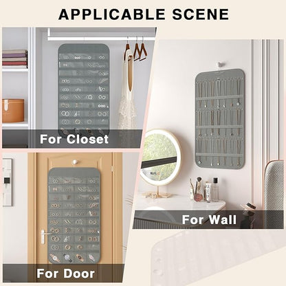 Hanging Jewelry Organizer Storage, 40 Pockets 36 Hooks Necklace Earring Necklace Bracelet Ring Organizer, Double - Sided Design, Grey