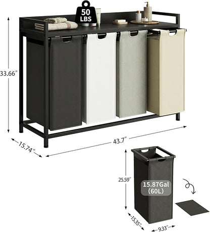 Herture Laundry Hamper with Shelf, Laundry Basket 4 Section, Laundry Sorter with Pull-Out Removable Large 4 Color Bags and Movable Wheels, Metal Frame, 4 x 15.87 Gallons (60L), Black PF07XLK