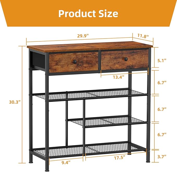 Snughome Shoe Rack for Entryway, 4 Tier Shoe Organizer with 2 Non-Woven Drawers, Shoe Storage Shelves with Sturdy Wooden Top and Metal Shelves, Shoe Stand for Closet