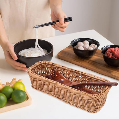 Angoily Rattan Woven Basket Tableware Storage Box for Chopsticks Forks Knives Lightweight Kitchen Utensil Organizer 11.81X4.33X2.75 Inches Compact Holder