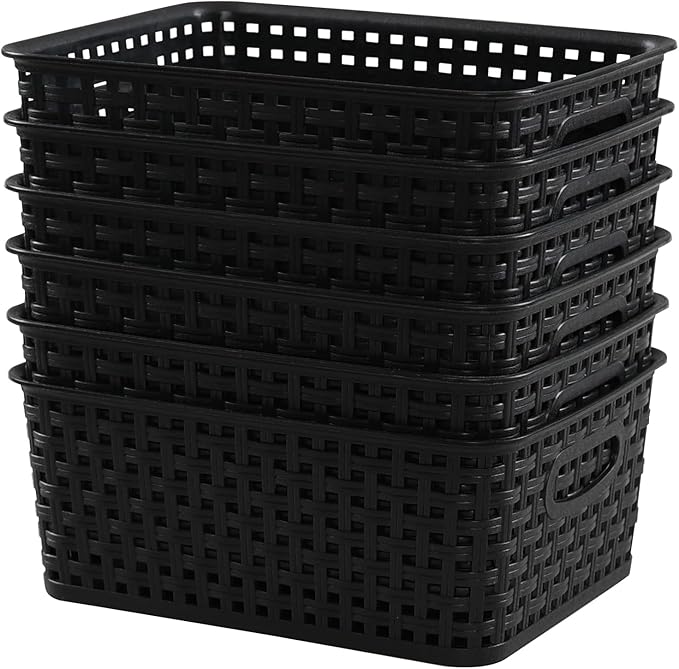 6 Pack Plastic Pantry Weave Storage Basket Bin, Black