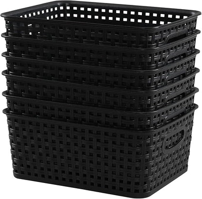 6 Pack Plastic Pantry Weave Storage Basket Bin, Black