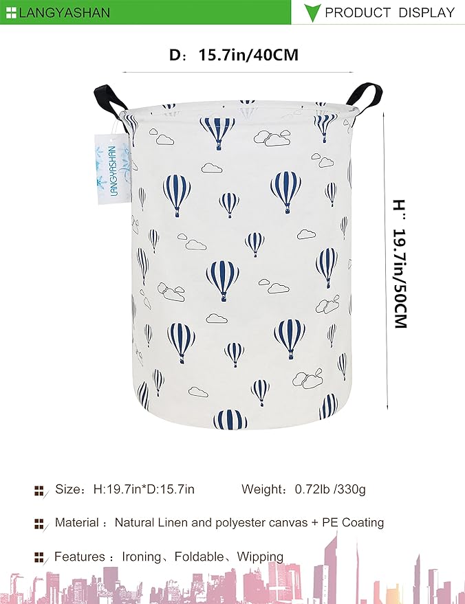Laundry Basket Canvas Fabric Collapsible Organizer Basket for Storage Bin Toy Bins Gift Baskets Bedroom Clothes Children Nursery Hamper (Round Blue Balloon)