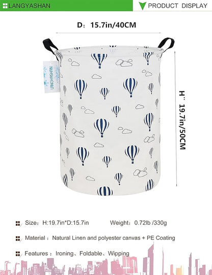 Laundry Basket Canvas Fabric Collapsible Organizer Basket for Storage Bin Toy Bins Gift Baskets Bedroom Clothes Children Nursery Hamper (Round Blue Balloon)