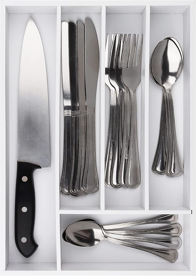 Pristine Bamboo Kitchen Drawer Organizer - Drawer Utensil Organizer and Cutlery Tray - Flatware and Silverware Holder (5-Slots, White)