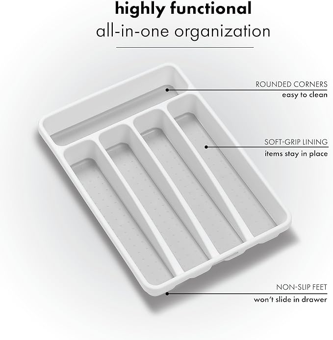 madesmart Small Silverware Tray, Compact 5 Compartment Flatware Organizer for Forks, Knives & Spoons, Non Slip, Soft Grip Lining, Fits Small Drawers, White