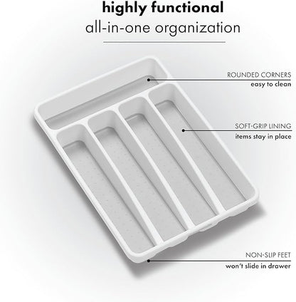 madesmart Small Silverware Tray, Compact 5 Compartment Flatware Organizer for Forks, Knives & Spoons, Non Slip, Soft Grip Lining, Fits Small Drawers, White
