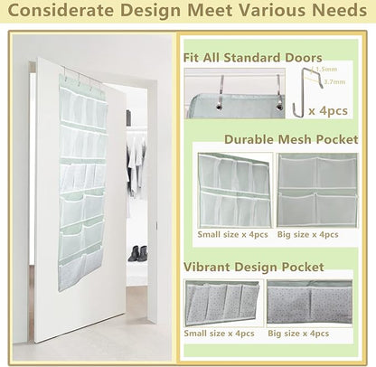 18 Pockets Over the Door Organizer with 4 Kind Pockets,Behind Door Shoes Rack,Back of Closet Storage Organization for Socks,Hat,Underwear,Luggage Packing,Hanging Holder Shelf in Home Dorm,Travel,Green