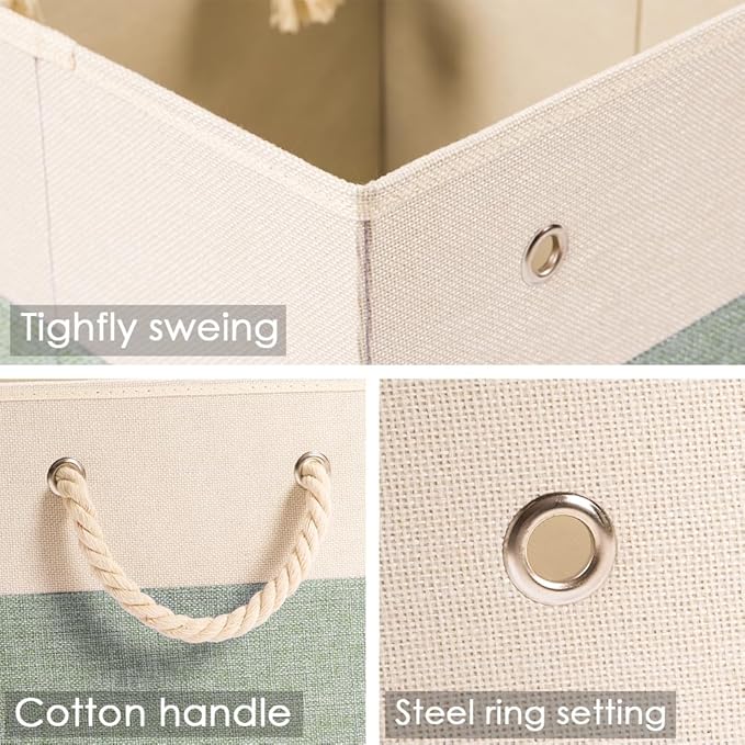 PRANDOM Large Foldable Cube Storage Bins 11x11 inch [4-Pack] Fabric Linen Storage Baskets Cubes Drawer with Cotton Handles Organizer for Shelves Nursery Closet Bedroom Beige/Green