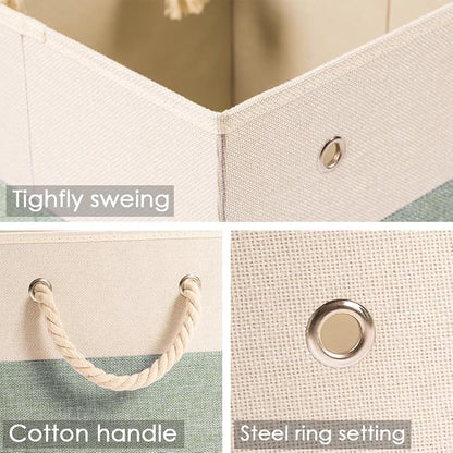 PRANDOM Large Foldable Cube Storage Bins 13x13 inch [4-Pack] Fabric Linen Storage Baskets Cubes Drawer with Cotton Handles Organizer for Shelves Nursery Closet Bedroom Beige/Green