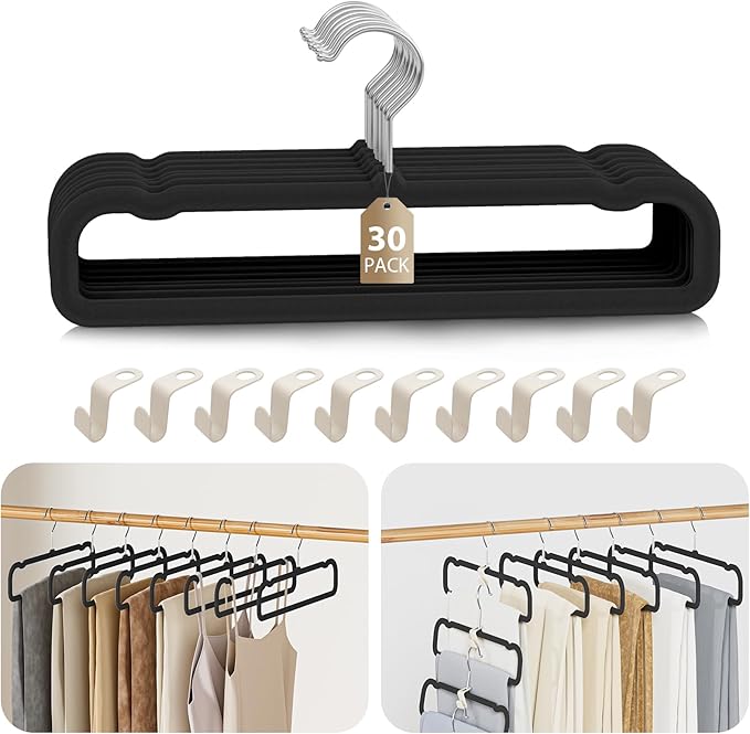 Velvet Felt Pants Hangers 30 Pack – Heavy Duty Space Saving Clothes Hangers with 360° Swivel Hook, Non-Slip Thin Design for Suits, Shirts, Coats, Dresses – Includes 30 Hooks (Black)