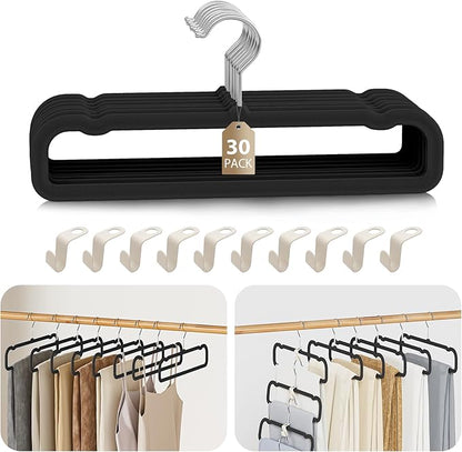 Velvet Felt Pants Hangers 30 Pack – Heavy Duty Space Saving Clothes Hangers with 360° Swivel Hook, Non-Slip Thin Design for Suits, Shirts, Coats, Dresses – Includes 30 Hooks (Black)