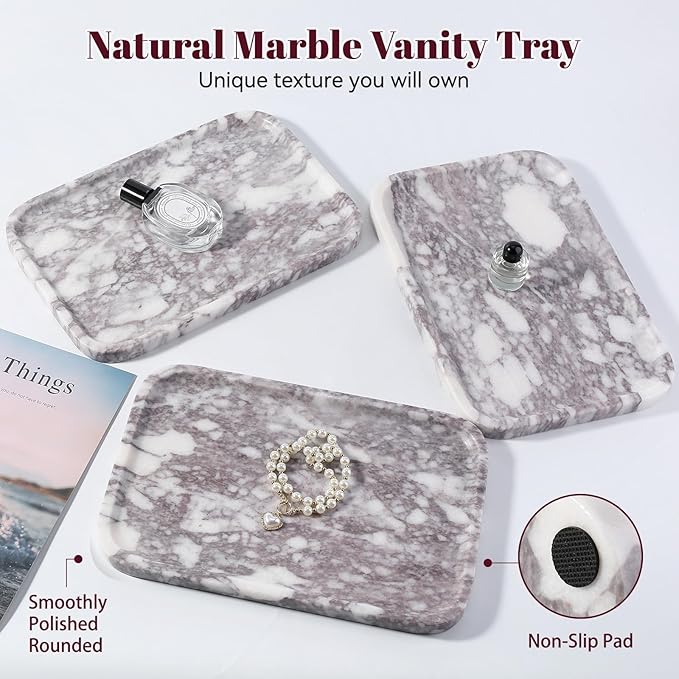 Karibiber Luxury Marble Vanity Tray, Bathroom Tray Countertop, Calacatta Marble/Stone, Home Decorative Dresser Organizer, Storage for Kitchen Sink, Perfume Jewelry Holder(Purple&White)