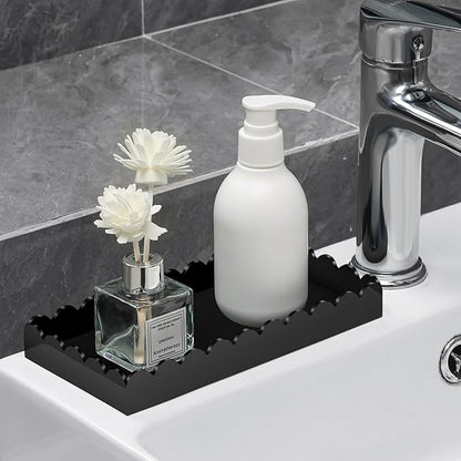 Acrylic Bathroom Vanity Tray 7.9", Soap Dispenser Decorative Scalloped Tray for Bathroom Kitchen Living Room Decor Vanity Perfume, Black