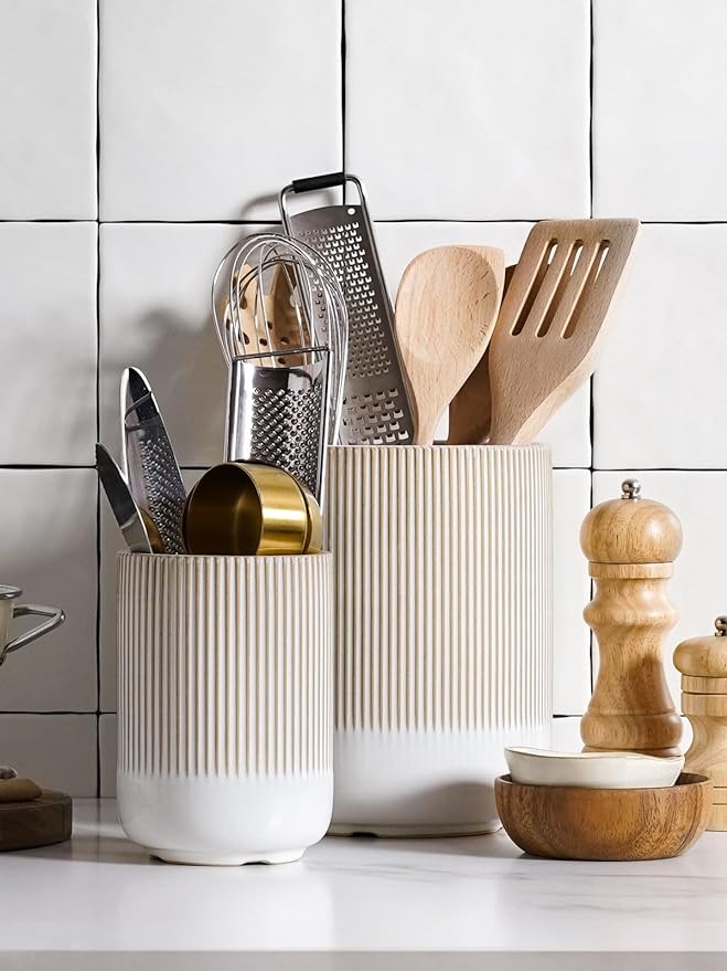 LE TAUCI Utensil Holder for Kitchen Counter, 7.3"+5.4" Fluted Ceramic Utensil Crock Organizer for Countertop, Heavy Large Holder for Spatulas, Spoons, Set of 2, Warm White Glaze