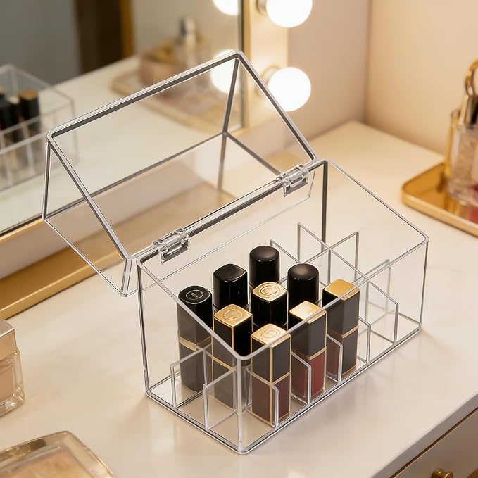 ATOMUS Lipstick Holder Display Case, 18 Slots Lipstick Organizer Storage with Dust Cover Transparent Acrylic Cosmetic Makeup Lipgloss Rack Holder