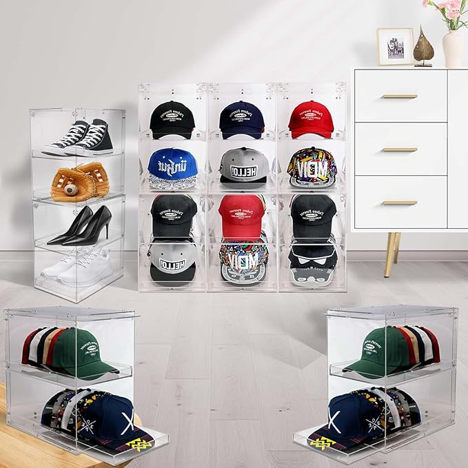 Acrylic Hat Organizer for Baseball Caps, Stackable Clear Sliding Tray & Door Panel Hat Holder Box , Large Cap Holder Organizer with Sliding Tray, Hat Racks Can Hold 30 Caps 16.6" H x 10.7" W x 15.8" D