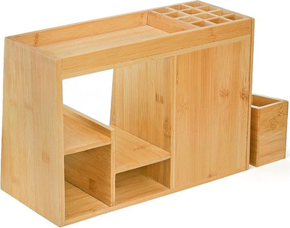 Elsjoy Large Countertop Bamboo Makeup Organizer with 3 Drawers, 12-Grid Lipstick Holder, Jewelry Hanging Hooks, Makeup Brush Holder, Desktop Wood Cosmetic Organizer Stand for Vanity