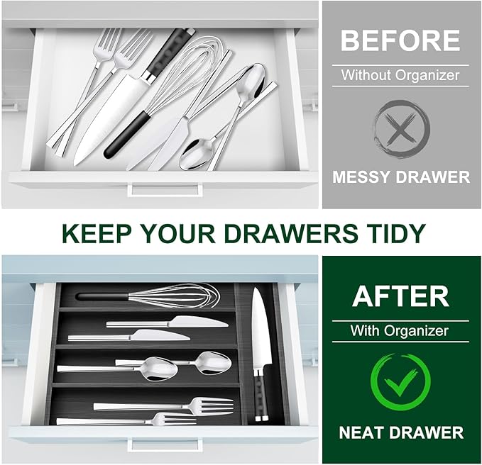 Ayiaren Small Wooden Silverware Organizer Kitchen Utensil Drawer Organizers Narrow Cutlery Tray Black Wood Flatware Organizer for Drawers Spoon and Fork Organizers Bamboo Utensil Holder Drawer Tray