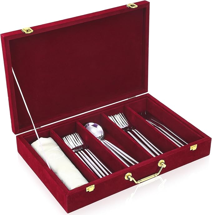 Pickmesh Silverware Case with Lid and Handle, Silverware Storage Box Sterling Silver Flatware Chest Without Silver Tarnish Proof Utensils Organizer for Kitchen Decor Wedding Gifts(Burgundy,1 Layer)