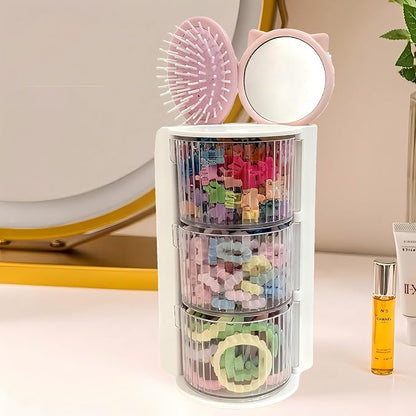 Hair Accessories Organizer with Hair Brush Holder, Rotatable Makeup Brush Holder for Necklaces, Earring, Bracelet, Ring, Makeup Brushes, Hair Clip and Hair Accessories (Stripe White, 3-Layer)
