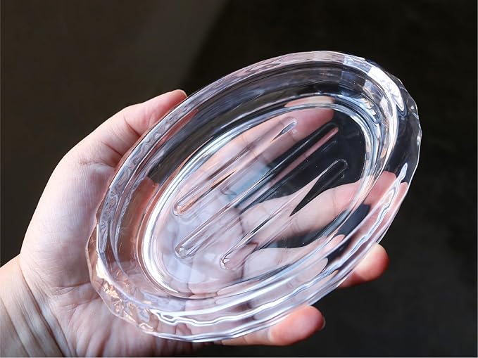 Glass Soap Dish for Bathroom Countertop, Shower, Kitchen Sink, Oval Heavy Bar Soap Holder with Raised Ridges, Transparent, 1 Pack