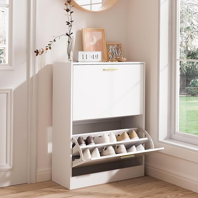 LYNSOM Shoe Cabinet, Free Standing Tipping Bucket Shoe Rack Organizer with 2 Flip Drawers, Modern Entryway Shoe Storage with Top Display, Narrow Slim Hidden Shoe Cabinet (White)