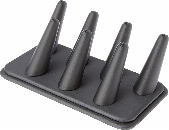 Plymor Gray Faux Leather Ring Finger Display, Seven on Rectangular Base, 6.75" W x 3.5" D x 2.25" H