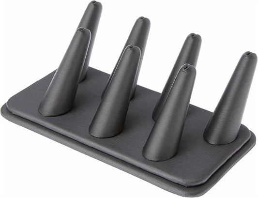 Plymor Gray Faux Leather Ring Finger Display, Seven on Rectangular Base, 6.75" W x 3.5" D x 2.25" H