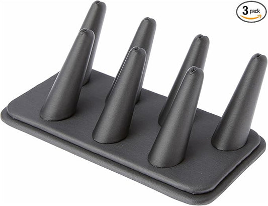 Plymor Gray Faux Leather Ring Finger Display, Seven on Rectangular Base, 6.75" W x 3.5" D x 2.25" H (Pack of 3)