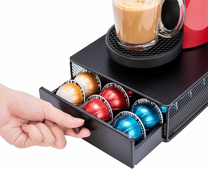 Coffee Pod Drawer Organizer for Nespresso Vertuo, 30 Pods Coffee Pod Holder, Coffee Pods Organizer with Mesh Shelves Black Metal