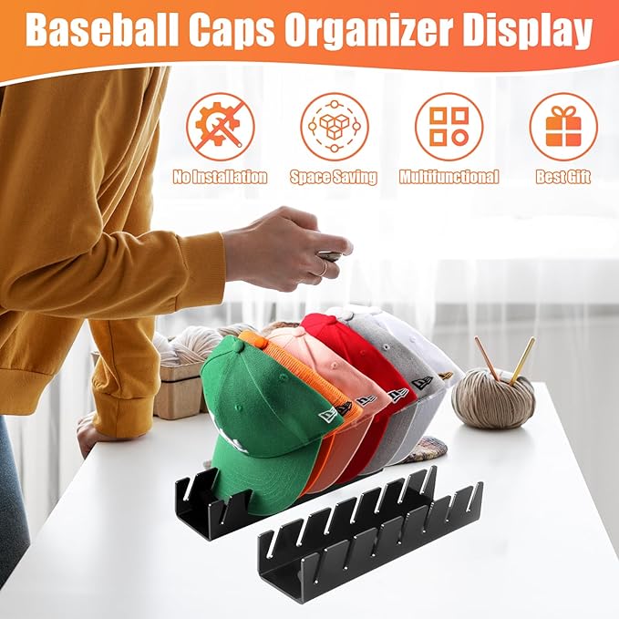 Hat Stand for Baseball Caps, 2 Pack No Install Acrylic Hat Organizer for 14 Baseball Caps Storage Organizer, Hat Racks Hat Holder Display and Organization for Closet, Bedroom, Dresser (Black-2Pack)
