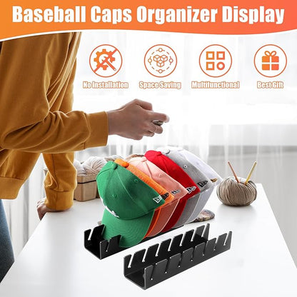 Hat Stand for Baseball Caps, 2 Pack No Install Acrylic Hat Organizer for 14 Baseball Caps Storage Organizer, Hat Racks Hat Holder Display and Organization for Closet, Bedroom, Dresser (Black-2Pack)