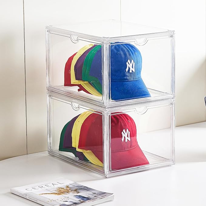 Acrylic XLarge Hat Organizer Box,2 Pack Hat Display Case,Stackable Clear Baseball Caps Storage Box Containers with Double-Sided Magnetic Door,Holds 12 Hats Each (Clear)