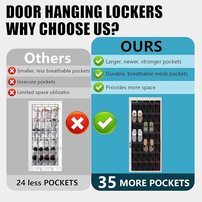 Over the Door Shoe Organizer 35 Pockets, Black Folding Hanging Shoe Rack for Door with Metal Hooks, No-Drill Install, Space-Saving Door Shoe Organizer for Closet, 67.7in x 26.4in