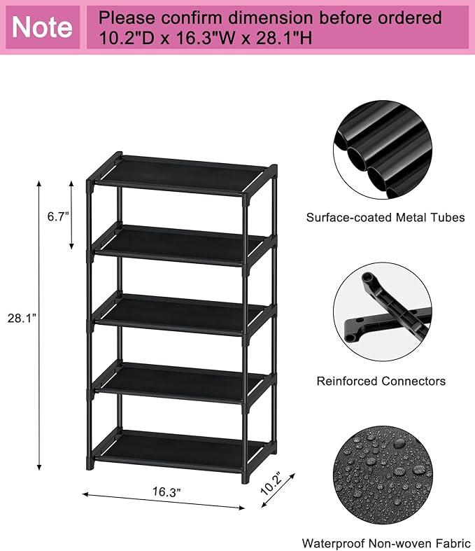 Autonomier 5-Tier Extra Small Shoe Rack (16.3" Wide), Narrow Space-Saving Organizer for Small Spaces, Non-Woven Fabric Lightweight Shoe Shelves, for Closet, Front Door, Entryway, Kids/Toddler/Adults