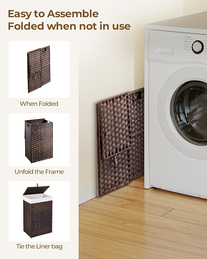 Greenstell Laundry Hamper with Lid, 60L Clothes Hamper with 2 Removable Liner Bags & 2 Mesh Laundry Bags, Handwoven Synthetic Rattan Laundry Basket for Clothes, Toys in Bathroom, Bedroom Brown