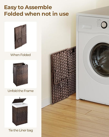 Greenstell Laundry Hamper with Lid, 60L Clothes Hamper with 2 Removable Liner Bags & 2 Mesh Laundry Bags, Handwoven Synthetic Rattan Laundry Basket for Clothes, Toys in Bathroom, Bedroom Brown