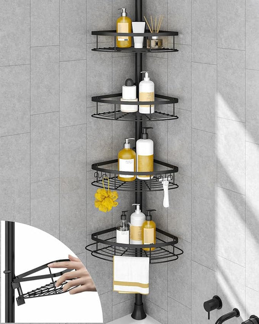 SEIRIONE Rustproof Shower Corner Caddy Organizer for Bathroom, 4-Tier Adjustable Bathroom Shelf with Tension Pole, Solid Rack Ideal for Bathtub Storage, 34 to 116 Inch Height, Black