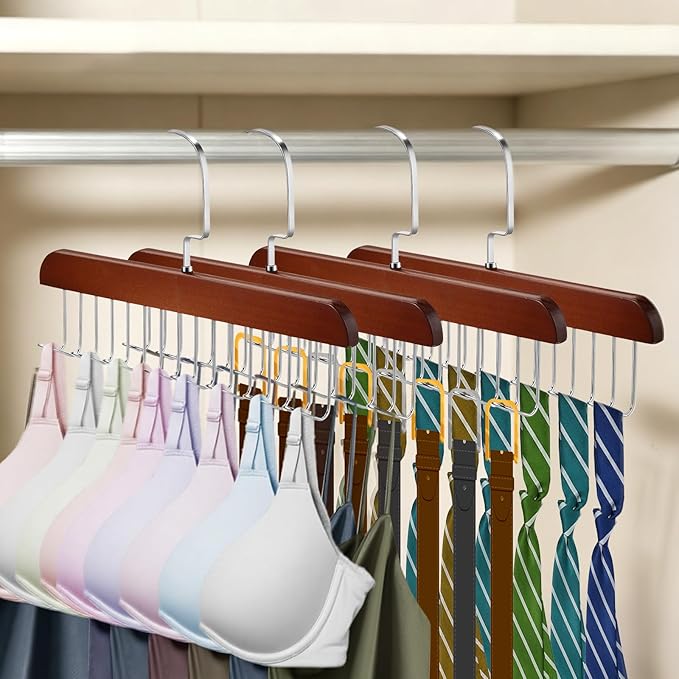 4 PCS Tank Top Hanger Space Saving, Bra Hangers for Closet Organizer, Tank Top Hangers with 32 Hooks Tie Rack Belt Hanger Belts Rack Ties Holder 360° Rotatable Neck Tie Organizer for Ties, Scarves