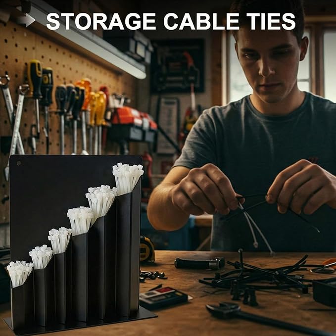 Yaocom Cable Zip Tie Storage Holder Rack Aluminum Zip Tie Organizer Wall Mount 6 Pockets with Screws for Enclosed Race Trailer Garage Shop Storage Accessories, Fit Various Lengths Cable(Black)