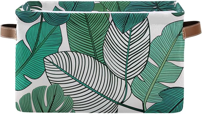 Tropical Leaves Bin - Large Storage Basket for Home Office (15x11x9.5inch)