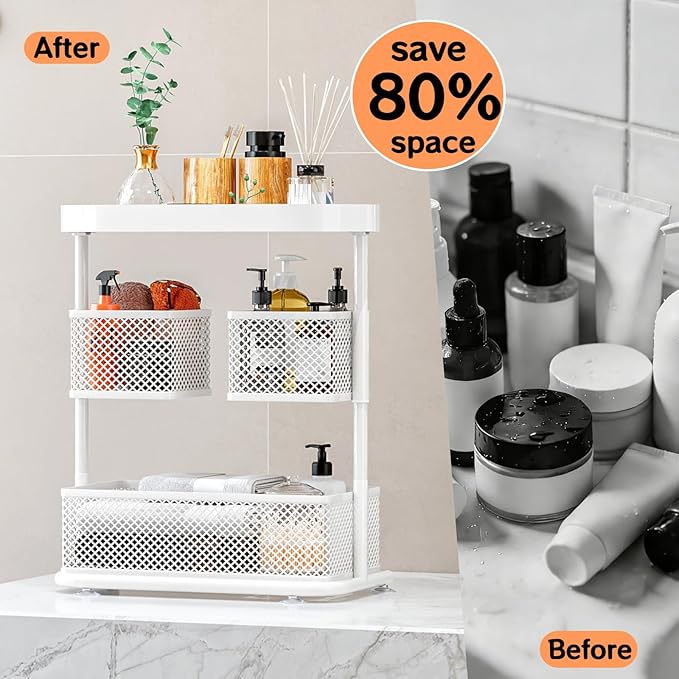 Bathroom Counter Organizer 3 Tier Rotating Cosmetic Holder Standing Shelf Vanity Bedroom Storage Cabinet Bathroom Tray for Countertop Storage Kitchen Spice Rack (White, 3Tiers)