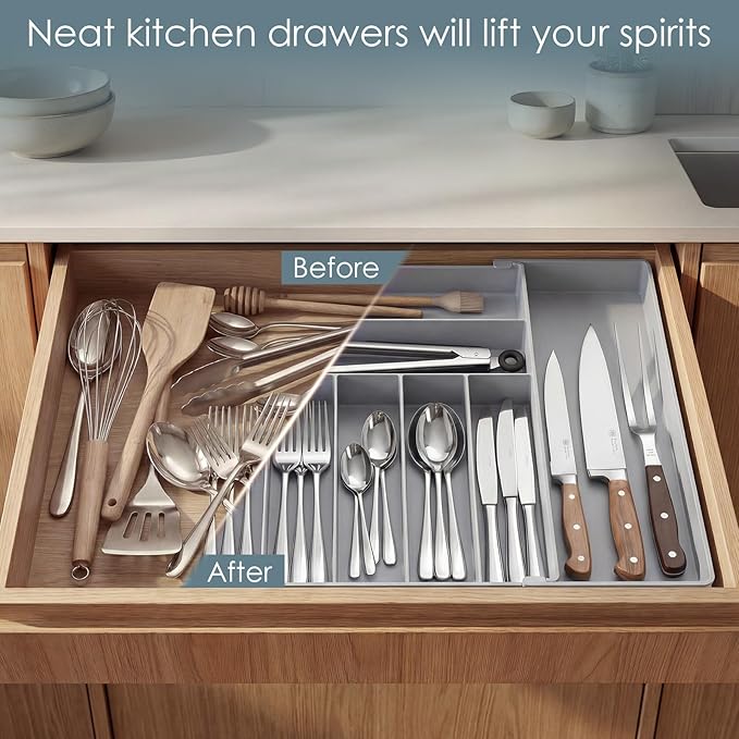Heavy Duty Stainless Steel Frame Silverware Organizer with Plastic Body, Extra Large Silverware Drawer Organizer, 9 Slot Expandable Kitchen Drawer Organizer, 8 Non-Slip Feet Included, BPA Free, Gray