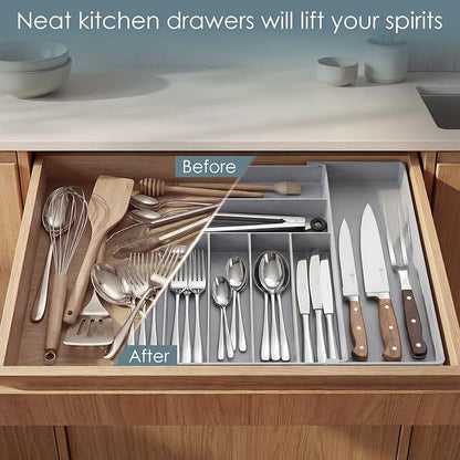 Heavy Duty Stainless Steel Frame Silverware Organizer with Plastic Body, Extra Large Silverware Drawer Organizer, 9 Slot Expandable Kitchen Drawer Organizer, 8 Non-Slip Feet Included, BPA Free, Gray